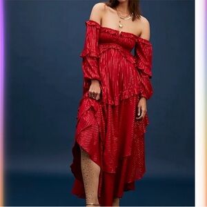 spells Off-Shoulder Red Ruffle Midi Dress